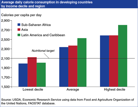 Low income groups' calorie consumption in developing countries remains below target in some regions
