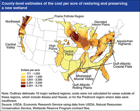 Costs of restoring and preserving wetlands vary across the United States