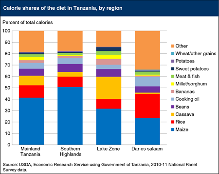 Calorie shares of the diet in Tanzania, by region