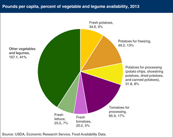 Potatoes, tomatoes, and lettuce make up close to 60 percent of U.S. vegetable and legume availability