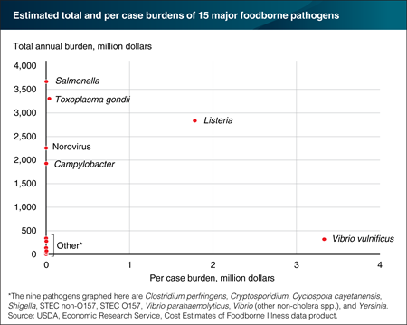 Six foodborne pathogens rank high on per case costs and/or total economic burden
