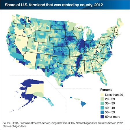 Rented U.S. farmland was concentrated in the Corn Belt, Northern Plains, and Delta States