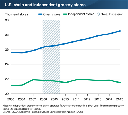 Number of chain grocery stores increased from 2005 to 2015, while number of independent grocery stores showed little growth