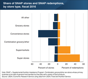 In 2016, 81 percent of SNAP benefits were redeemed in super stores and supermarkets