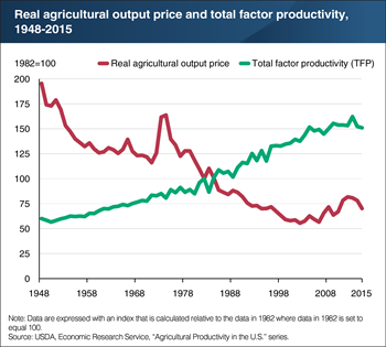 U.S. agricultural productivity continued to grow over time, while the real price of agricultural outputs tended to decline