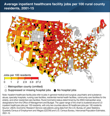 Employment in rural inpatient healthcare facilities was relatively more concentrated in the Upper Midwest and Northern Great Plains