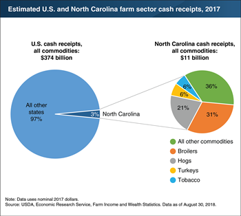 North Carolina, recently affected by Hurricane Florence, accounted for an estimated 3 percent ($11 billion) of U.S. farm sector cash receipts in 2017