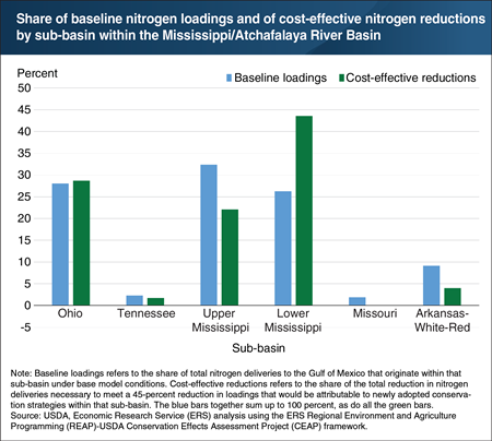 Reducing nutrient loadings to the Gulf of Mexico most cost effectively would concentrate efforts in the Lower Mississippi sub-basin