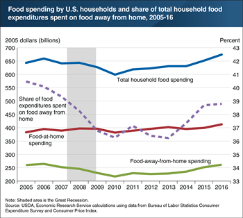 Inflation-adjusted food spending by U.S. households fell during the Great Recession and did not recover until 2015