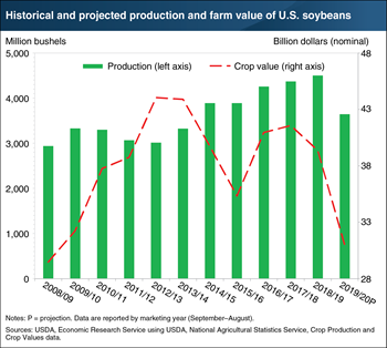 U.S. soybean production and value expected to fall in the 2019/20 marketing year