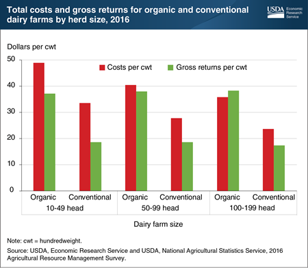 Organic dairy farms had higher costs, but also higher gross returns, than conventional farms in 2016