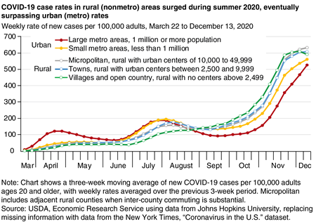 A line chart shows that COVID-19 case rates in rural (nonmetro) areas surged during the summer of 2020, eventually surpassing urban (metro) rates.