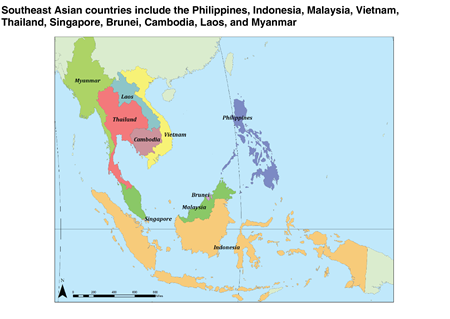 A map of Southeast Asia highlighting the countries of the Philippines, Indonesia, Malaysia, Vietnam, Thailand, Singapore, Brunei, Cambodia, Laos, and Myanmar.