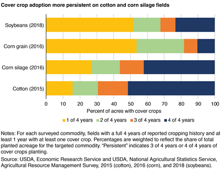 A stacked bar chart shows that cover crop adoption on cotton and corn silage fields was more persistent than on soybean and corn grain fields.