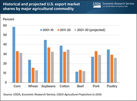 Participações no mercado de exportação agrícola dos EUA para refletir a competição contínua na próxima década