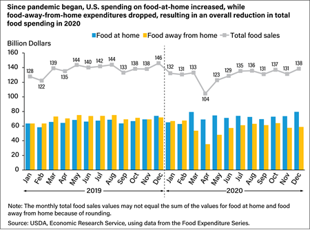 Bar chart showing the monthly U.S. spending on food at home and food away from home with a line showing total U.S. food sales in billions of dollars for 2019 and 2020.