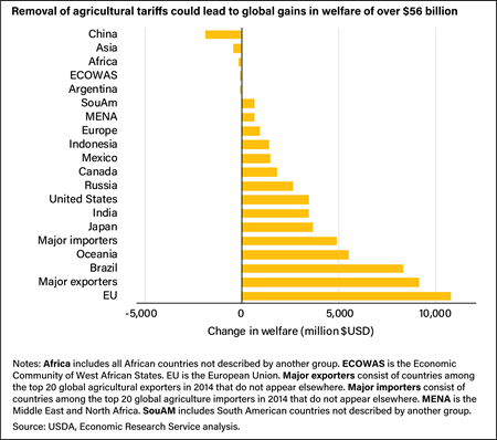 A horizontal bar chart showing how the removal of global agricultural tariffs would increase consumer welfare in most regions studied, with EU showing the most gains, and China showing the greatest loss.