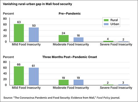 Two bar charts, one pre-pandemic and one 3-months post-pandemic onset, comparing differing levels of food insecurity between rural and urban households in Mali.