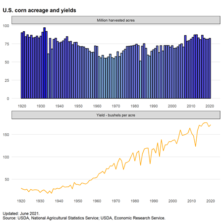 Bar and line chart of U.S. corn acreage and yields