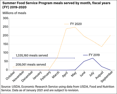 Meals served by month through the Summer Food Service Program, fiscal years 2019-2020