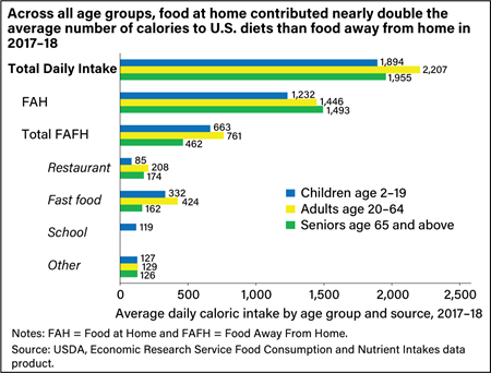 A combined bar graph showing average daily caloric intake in 2017-18 by age groups (children age 2-19, adults 20-64, and seniors age 65 and above), broken out by source.