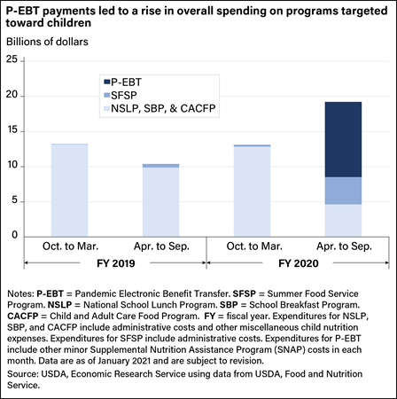 A bar chart showing overall spending on programs targeted toward children in fiscal year 2020 compared with fiscal year 2019.