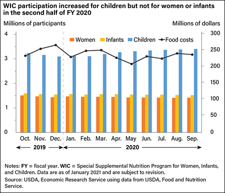 A bar chart showing participation in the Women, Infants, and Children (WIC) program and monthly WIC spending in the second half of fiscal year 2020.