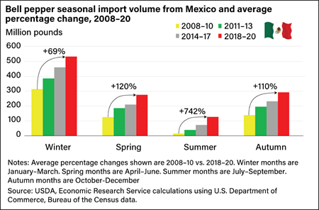 A clustered column chart comparing the change in volume of bell pepper imports from Mexico by season with a marked increase across all seasons from the 2008-10 time period to the 2018-20 time period.