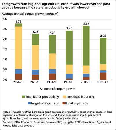 A stacked bar chart showing the contributions of these factors to agricultural output from 1961 to 2019: Total factor productivity, increased input use, irrigation expansion, and land expansion.