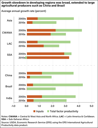 Horizontal stacked bar chart comparing the contributions of inputs and total factor productivity with agricultural output in Asia, Africa, and Latin America, as well as China, Brazil, and India for the 2000s and the 2010s.