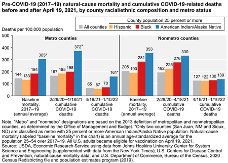 Pre-COVID-19 (2017–19) natural-cause mortality and cumulative COVID-19-related deaths before and after April 19, 2021, by county racial/ethnic composition and metropolitan status