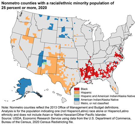 Nonmetro counties with a racial/ethnic minority population of 25 percent or more, 2020