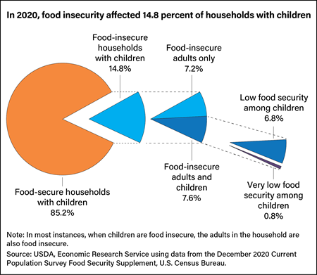 A pie chart with 2020 percentages of food-secure households with children compared to food-insecure households with children, which is further broken down into subcategories.