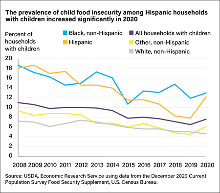 A line chart showing percentage of food insecurity among households with children from 2008 to 2020, broken down by race and ethnicity categories of the household reference person.