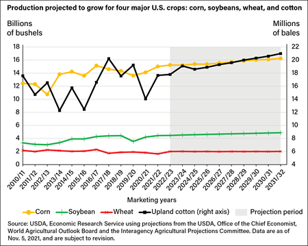 Line chart reflecting production in billion bushels (left y-axis) and millions of bales (for cotton, right y-axis) for corn, soybean, wheat, and upland cotton, for marketing years 2010/11 to 2022/23 with projections for 2023/24 to 2031/32.