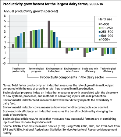 Vertical bar chart showing total factor productivity growth for dairy farms and productivity growth for the technological, environmental, and economies of scale factors by herd size.