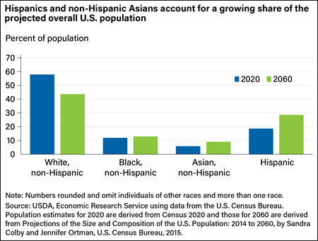 Bar chart showing the percent of U.S. population (White non-Hispanic, Black non-Hispanic, Asian non-Hispanic and Hispanic) in 2020 and projected in 2060.