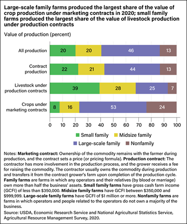 Bar chart comparing production, contract production, livestock under production contracts, and crops under marketing contracts on small family, midsize family, large-scale family and nonfamily farms.