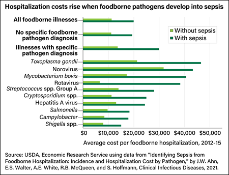 Οριζόντιο ραβδόγραμμα που δείχνει το κόστος όλων των τροφιμογενών ασθενειών, καθώς και ασθενειών με επιλεγμένα παθογόνα με σήψη και χωρίς σήψη από το 2012 έως το 2015.