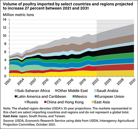 Stacked line chart showing volume of poultry imports to select countries and regions from 2001 to 2022 and projections for those imports through 2031.