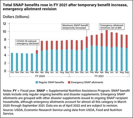 Cluster bar chart showing spending on regular and emergency SNAP benefits in fiscal years 2020 and 2021.