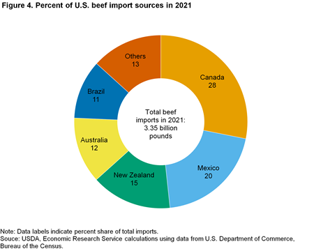 Pie chart of Percent of U.S. beef import sources in 2021