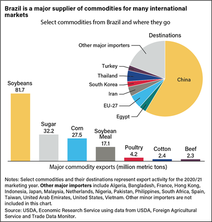 Combination bar and pie chart showing select commodities produced in Brazil and their export destinations.