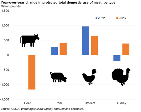 Bar chart of Year-over-year change in projected total domestic use of meat, by type