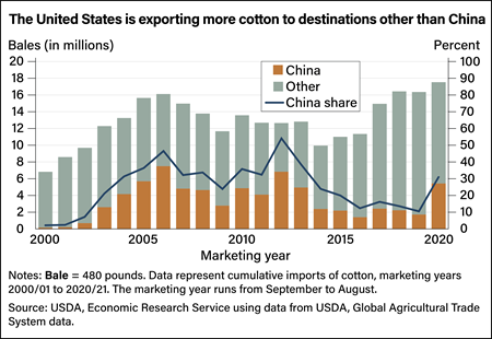 Combination line and stacked bar chart showing the number of bales the United States exported to China and other Nations from 2000 to 2020 and China’s share of U.S. cotton exports.