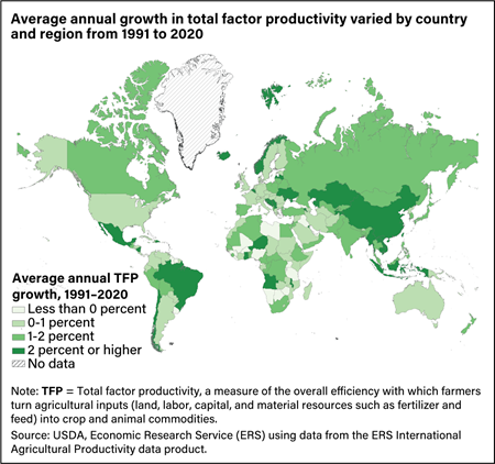 Map of the world showing rates of annual total factor productivity growth from 1991 to 2020.