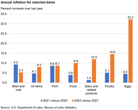 Bar chart of Annual inflation for selected items