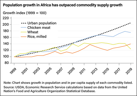 Line chart comparing urban population growth in Africa to the growth of chicken, wheat, and rice supplies from 1999 to 2019.