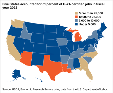 U.S. map showing numbers of H-2A certified jobs in fiscal year 2022 by State in four categories, from more than 25,000 to under 5,000.