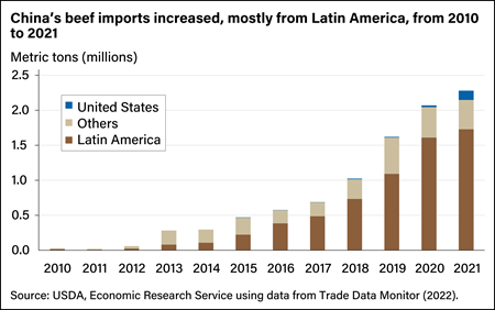 Bar chart showing volume in metric tons of China’s beef imports from the United States, Latin America, and other countries between 2010 and 2021.